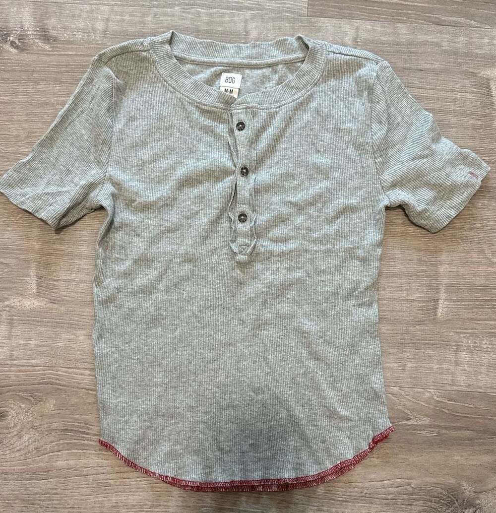 BDG Urban Outfitters Gray Ribbed Henley T-Shirt with Red Contrast Stitching